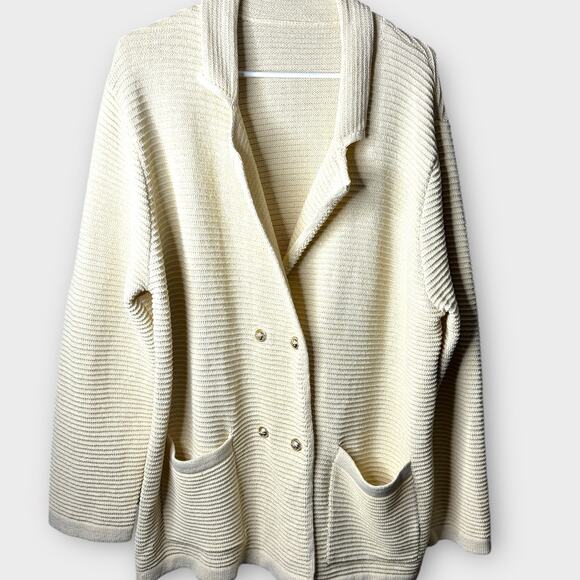 Ribbed sweater Blazer Jacket Womens XXL Cream Double Breasted Gold Buttons NWOT - Picture 1 of 9